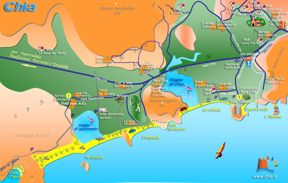 Mappa di Chia e delle sue spiagge
